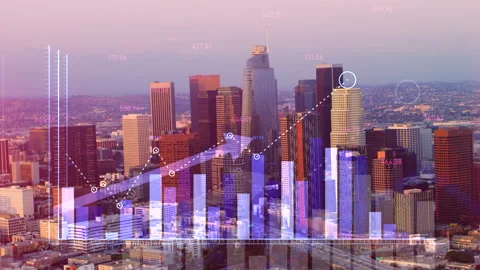 Corporate double exposure of financial graphs rising in front of Los Angeles, Ca Stock Footage 199460554