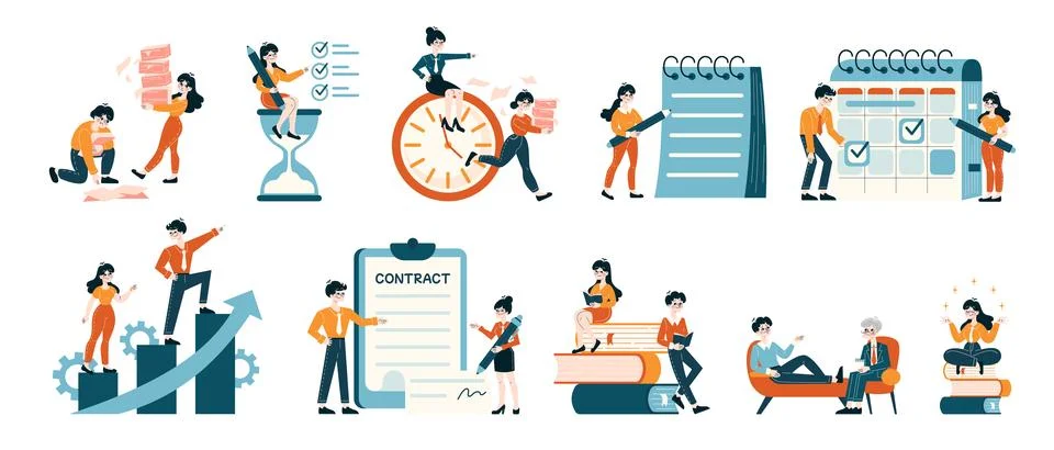 Corporate Efficiency set. Employees orchestrating time management and deadlines Stock Illustration