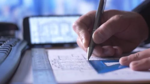 Corporate Engineer working with architect construction design blueprints Stock Footage