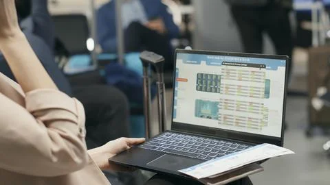Corporate executive checking reports and analytics on laptop in airport terminal Stock Photos