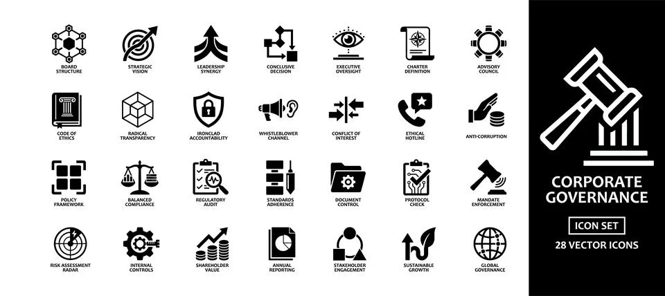 Corporate governance solid icon set. Includes symbols for board structure, .. Illustrazione stock
