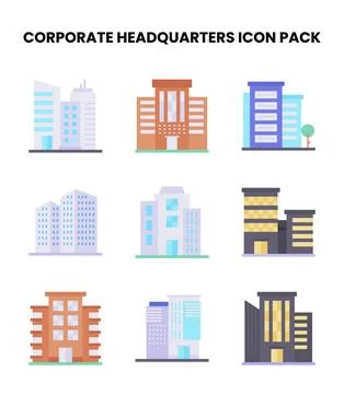 Corporate Headquarters Flat Vector Icons Pack Stock Illustration
