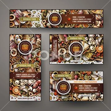 Corporate Identity set design with doodles hand drawn Russian food theme Stock Illustration