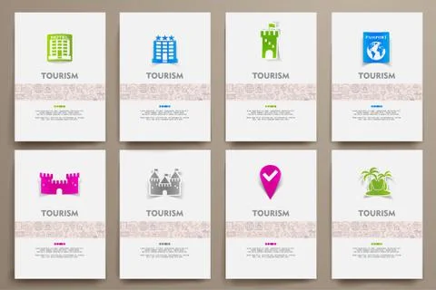 Corporate identity vector templates set with doodles tourism theme Stock Illustration