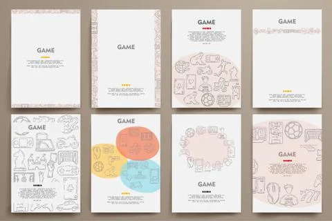 Corporate identity vector templates set with doodles gaming theme 스톡 일러스트