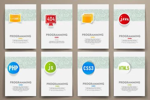 Corporate identity vector templates set with doodles programming theme Stockillustratie