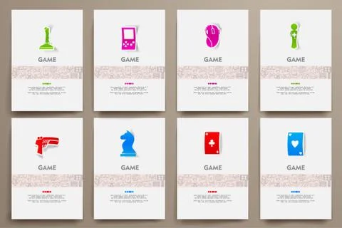 Corporate identity vector templates set with doodles gaming theme Stock Illustration