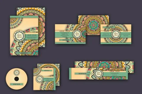 Corporate identity vector templates set with mandala pattern ethnic elements 스톡 일러스트
