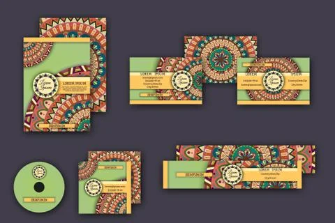 Corporate identity vector templates set with mandala pattern ethnic elements Illustrazione stock
