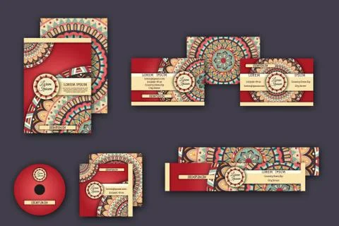 Corporate identity vector templates set with mandala pattern ethnic elements Illustrazione stock