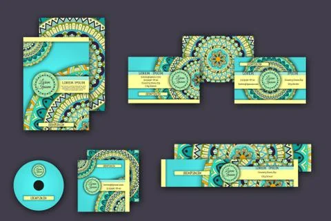 Corporate identity vector templates set with mandala pattern ethnic elements 스톡 일러스트