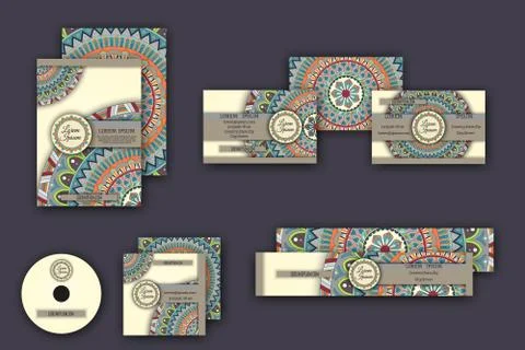 Corporate identity vector templates set with mandala pattern ethnic elements Stock Illustration