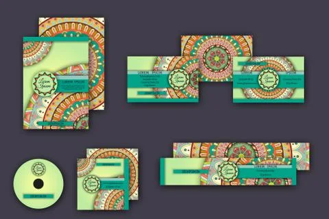 Corporate identity vector templates set with mandala pattern ethnic elements イラスト素材