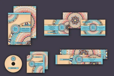 Corporate identity vector templates set with mandala pattern ethnic elements Illustrazione stock