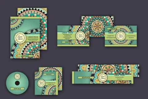 Corporate identity vector templates set with mandala pattern ethnic elements 스톡 일러스트