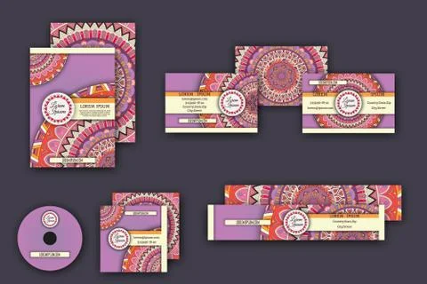 Corporate identity vector templates set with mandala pattern ethnic elements Stock Illustration