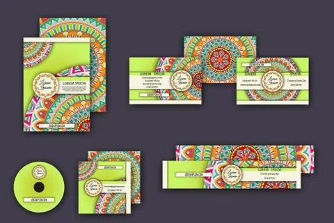 Corporate identity vector templates set with mandala pattern ethnic elements Illustrazione stock
