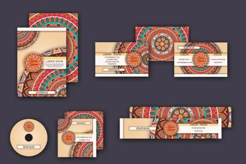 Corporate identity vector templates set with mandala pattern ethnic elements 스톡 일러스트