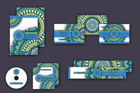 Corporate identity vector templates set with mandala pattern ethnic elements 스톡 일러스트