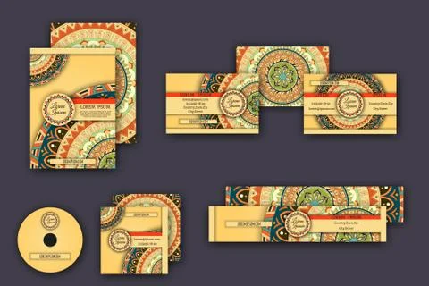 Corporate identity vector templates set with mandala pattern ethnic elements 스톡 일러스트