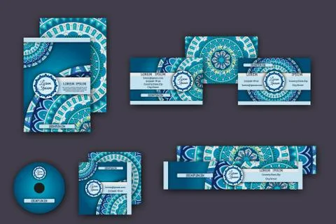 Corporate identity vector templates set with mandala pattern ethnic elements 스톡 일러스트