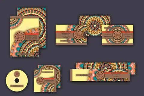 Corporate identity vector templates set with mandala pattern ethnic elements イラスト素材