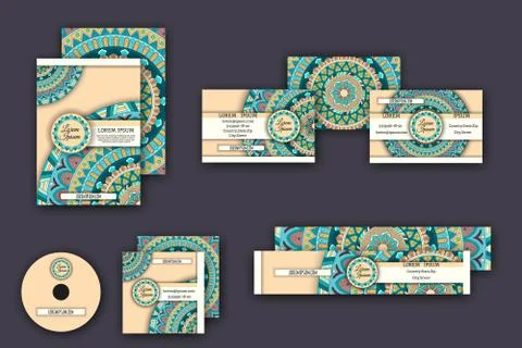 Corporate identity vector templates set with mandala pattern ethnic elements イラスト素材