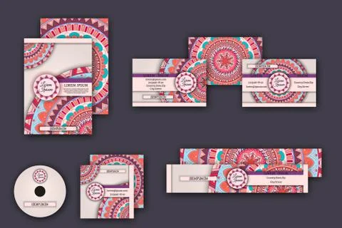 Corporate identity vector templates set with mandala pattern ethnic elements Illustrazione stock