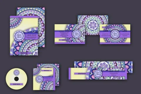 Corporate identity vector templates set with mandala pattern ethnic elements 스톡 일러스트