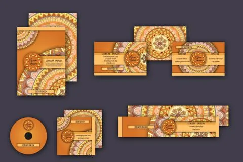 Corporate identity vector templates set with mandala pattern ethnic elements Illustrazione stock