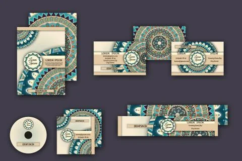 Corporate identity vector templates set with mandala pattern ethnic elements Illustrazione stock
