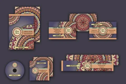 Corporate identity vector templates set with mandala pattern ethnic elements Stock Illustration