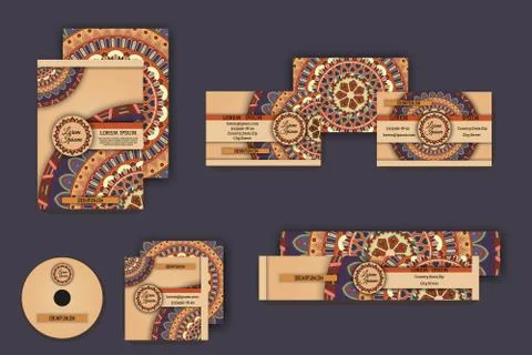 Corporate identity vector templates set with mandala pattern ethnic elements Illustrazione stock