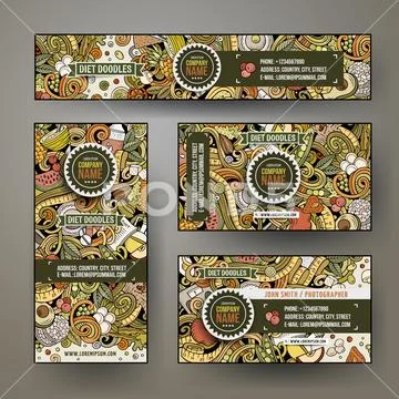 Corporate Identity vector templates set design with doodles Diet food theme Stock Illustration