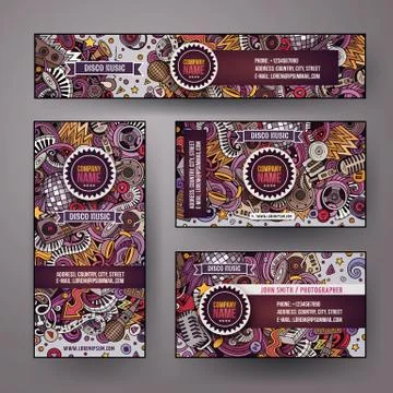 Corporate Identity vector templates set design with doodles Disco music theme Stock Illustration