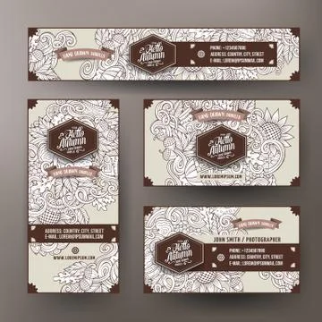 Corporate Identity vector templates set with doodles hand drawn Autumn theme Stock Illustration