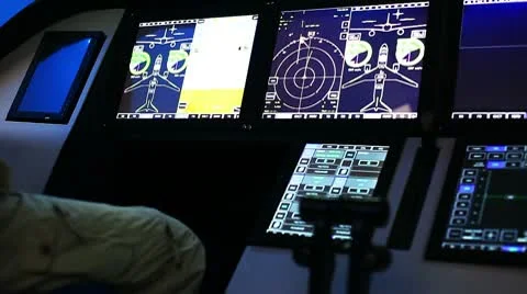 Corporate jet cockpit view with digital navigation panel Stock Footage