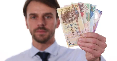 Corporate Man Show Hong Kong Dollar Bills Banknotes Money Close Up Shot Concept Stock Footage 85583653