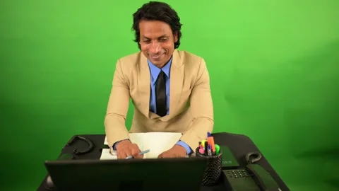 Corporate man Smiles While Working at Office Stock Footage 308618476