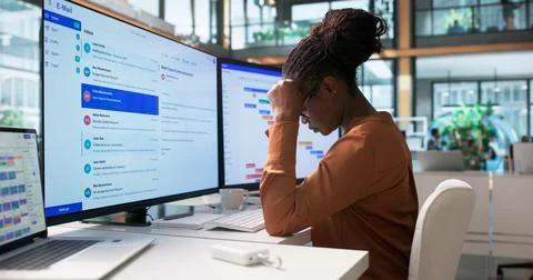 Corporate Manager Struggling With Endless Emails On Secure Messaging Platform Stock Photos