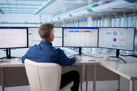 Corporate Manager Using Business Software System To Monitor Sales Process Stockfoto's