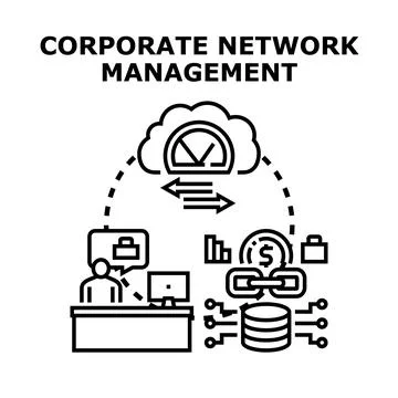 Corporate network management connecting cloud technology systems Stock Illustration
