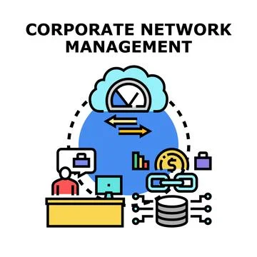 Corporate network management connecting cloud technology systems Stock Illustration