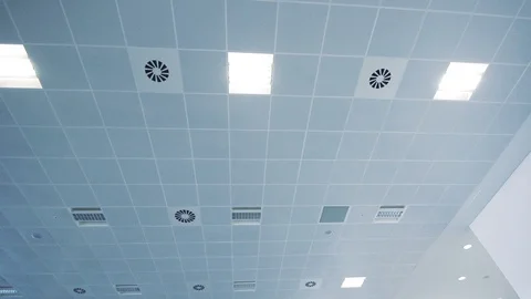 Corporate office ceiling panels and lights sci-fi style Stock Footage 106393372