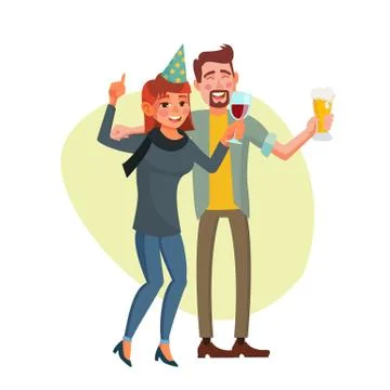 Corporate Party Vector. Smiling Drunk Man And Woman. Relaxing Celebrating Stock Illustration