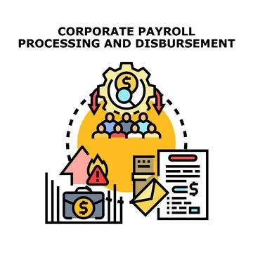 Corporate payroll processing and disbursement calculating employee salary Stock Illustration