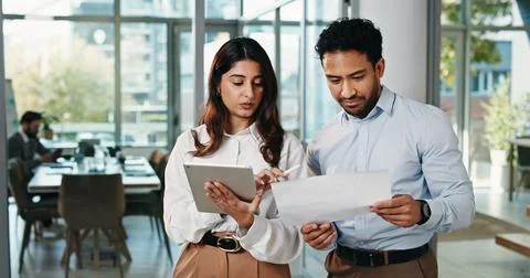 Corporate, people and document with tablet in office for planning, finance .. Stock Photos
