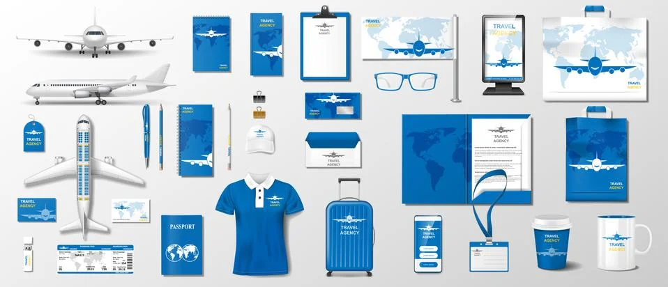 Corporate Realistic template airplane elements for travel agency design Stock Illustration