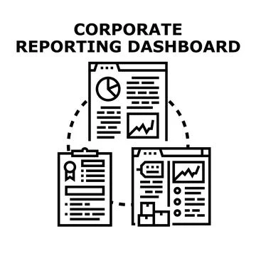 Corporate reporting dashboard illustrating various documents with charts, gra Stock Illustration