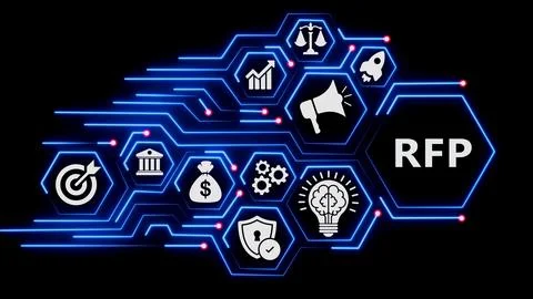 Corporate rfp request for proposal process on futuristic board. Stock Illustration